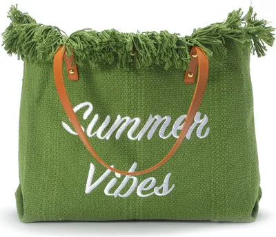 Produktbild von Große Canvas Strandtasche mit Fransen und Schriftaufzug „Summer Vibes“ - Grün