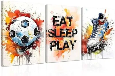 Produktbild von YunBey 3er Aquarell Fußball Poster mit Rahmen Fussball Bilder Kinderzimmer Jungen Sport Wandbilder für Wanddeko Jugendzimmer Kinderzimmer Wohnzimmer (30x40CM)