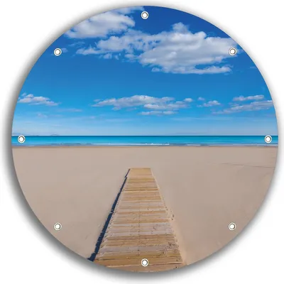 Produktbild von Wallario rundes Outdoor-Poster für Garten oder Balkon, Motiv Auf dem Holzweg zum blauen Meer, 30 cm Durchmesser