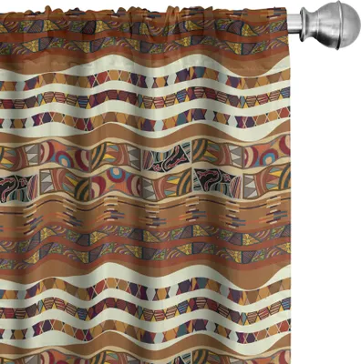 Image de ABAKUHAUS Rideaux tribaux, voilages, style africain traditionnel avec icônes culturelles psychédéliques, design bohème abstrait, 2 pièces 75 x 175 cm, multicolore