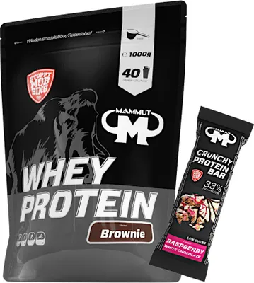 Produktbild von Mammut Nutrition - Whey Protein 1000 g Beutel - 40 Portionen Eiweiß + GRATIS Protein Bar (Raspberry White Chocolate), Geschmack: Brownie