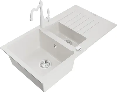 Immagine prodotto di Mexen Matias lavello in granito 1,5 vasche con scolapiatti e rubinetto cucina Carla, bianco - 6502-20-670700-20