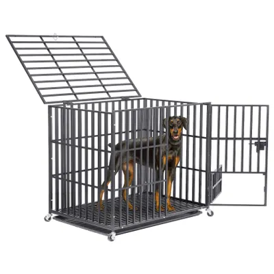 Obrázek produktu pro FATIVO Klec pro velké psy L: Odolná přepravní klec pro psy se 3 dveřmi a 4 kolečky, kovová transportní klec, 117 x 84 x 86,5 cm