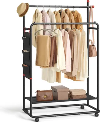A clothing rack with clothes hanging on it and accessories on the shelves.