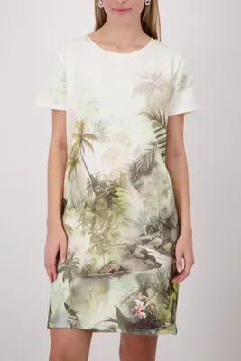 Produktbild von Urlaubskleid Damen olive, gemustert mit tropischem Print, knieumspielend