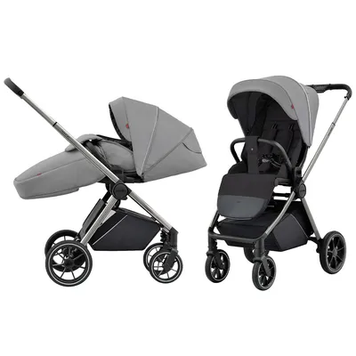 Two strollers are shown side-by-side against a white background. One is configured as a bassinet, and the other as a seat.