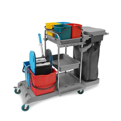 Produktbild von Hypafol Reinigungswagen 4x 5 Liter + 2x 18 Liter Eimer | Profi Putzwagen mit stabiler Mopp-Presse & Halterung für Besen & Lappen | 100l Leinentasche