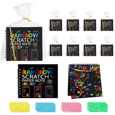 Kratzbuch-Set, 12 Regenbogen-Kratzbücher mit Holzstiften