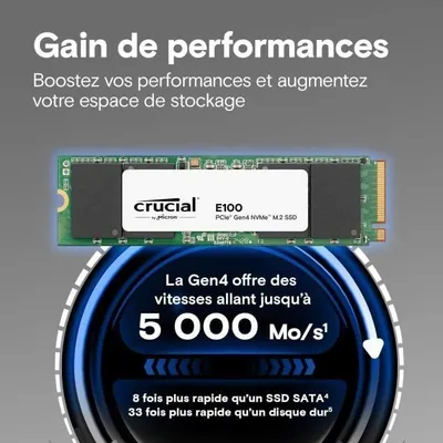 Zdjęcie produktu dla Dysk SSD Crucial E100 2 TB, PCIe 4.0 Gen4 NVMe M.2 2280, Prędkość odczytu 5000 MB/s