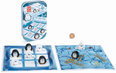 A product image showing a 2-in-1 Tic Tac Toe and Snakes and Ladders game with penguin and seal pieces, along with the game tin and dice.