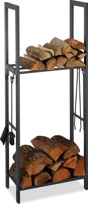Produktbild von Relaxdays Kaminholzregal mit 2 Ablagen, aus Stahl, 4 Haken für Kaminbesteck, Brennholzregal HBT 150x60x30 cm, anthrazit