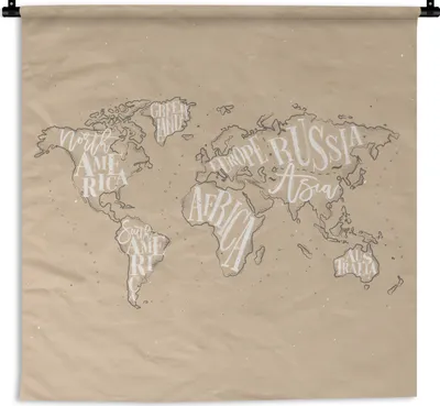 Produktbild von MuchoWow® Wandteppich Wandbehang Weltkarte - Braun - Weiß - Buchstaben 120x120 cm Tapisserie Dekoration Wandtuch - Modern - Baumwollgewebe
