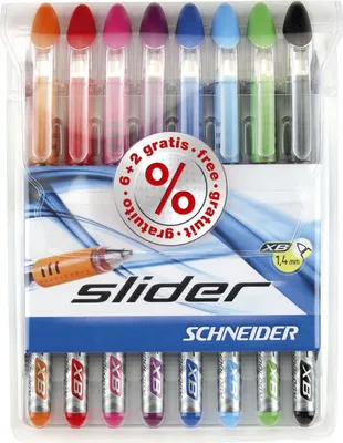 Obrázek produktu pro Schneider Schreibgeräte Schneider Pen Slider Basic - Mehrfarbig - Schwarz - Blau - Hellblau - Hellgrün - Orange - Pink - Rot - Violett - Stick-Kugelschreiber - Extradick - Edelstahl - 1,4 mm