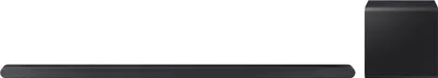 A black soundbar and a black subwoofer are shown against a white background.