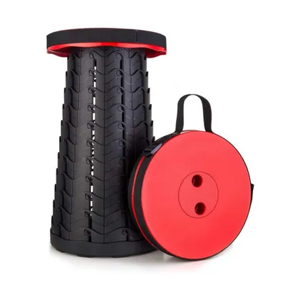 A black and red telescopic stool and its compact carrying case are displayed against a white background.