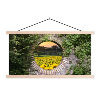 Produktbild von MuchoWow® Textilposter Durchschauen - Blumen - Sonnenblume 120x60 cm mit holzfarbenen Rahmen - Klemmleiste