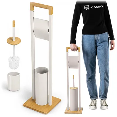 Produktbild von KADAX Toilettenpapierhalter mit integrierter WC-Bürste, Klopapierhalter Stehend mit Klobürste für Badezimmer, WC Garnitur aus Stahl und Bambus (Beige), KI-generiertes Bild