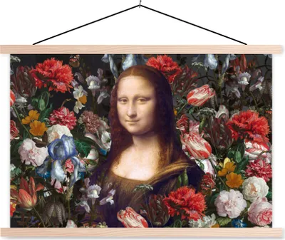 Produktbild von MuchoWow® Textilposter Mona Lisa - Leonardo da Vinci - Blumen 60x40 cm mit holzfarbenen Rahmen - Bilder