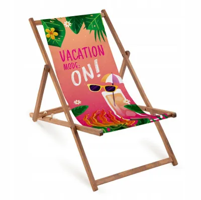 Holz Strandliegestuhl "Vacation Mode: On!" mit Buchenholzgestell – Klappbare Gartenliege für Strand