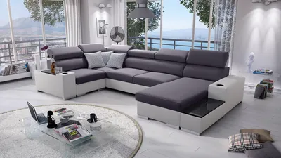 Produktbild von Wohnlandschaft in U-Form PERS IV MAXI Ecksofa Eckcouch mit Schlaffunktion (Grau SAWANA 96 + weißes Kunstleder, Rechts)