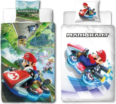 Two different Mario Kart themed bedding sets are displayed side-by-side.