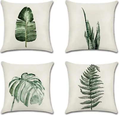 Produktbild von Grün Pflanze Kissenbezug 4er Set Leinen Baumwoll Kissenhülle Kopfkissenbezug Dekokissen 45 x 45cm (Blätter)
