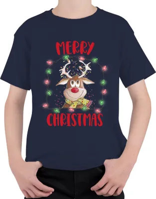 Produktbild von Merry Christmas Rentier Lichterkette - Weihnachten Weihnachtsgeschenk Christmas Uni Kinder T-Shirt, Navy, 116