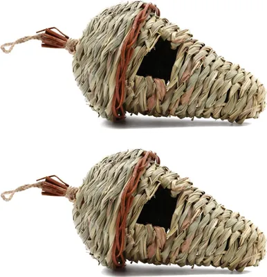 Immagine prodotto di 2 casette per uccelli in paglia naturale da appendere - cassetta nido per piccoli uccelli come i colibrì - 17 x 12 cm