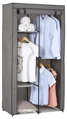 Produktbild von Stoffkleiderschrank Kellerschrank Faltkleiderschrank ADAM, mit 3 Kleiderstangen und 2 Regalfächern, mit Schutzhülle in grau - 5 verschiedene Aufbauvarianten