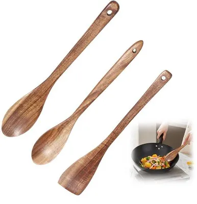 Zdjęcie produktu dla Trzy łyżki drewniane, łyżki drewniane, długie łyżki drewniane, łyżki drewniane, duże łyżki drewniane, łyżki drewniane do gotowania i mieszania w kuchni