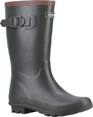 A single green rain boot is shown against a white background.