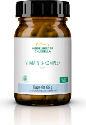A bottle of vitamin B complex capsules.