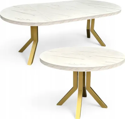Produktbild von Ausziehbarer runder Esstisch Ø110–210 cm Marmor Weiß – Goldene Metallbeine X SLIM