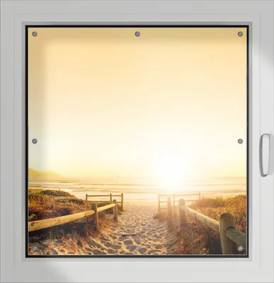 Produktbild von Wallario Lichtschutzbild, Dekorativer Sichtschutz Sonnenschutz 96 x 100 cm mit Motiv: Strand in Südafrika II - Himmel in orange - Verdunklung ohne Bohren