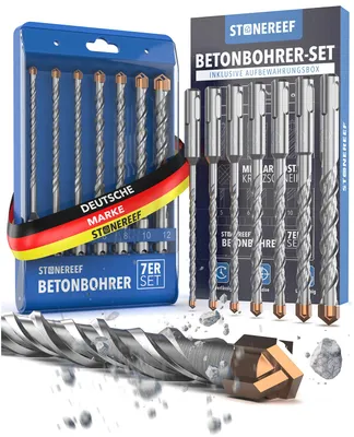 Produktbild von SDS Plus Bohrer Set 7 tlg 5-12 mm Betonbohrer Steinbohrer 7 Bohrer in den gängigen Dübelgrößen 5 bis 12 mm – Kreuzschneide für Beton, Stein, Mauerwerk