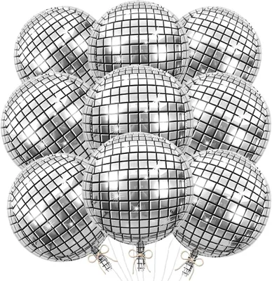 Productafbeelding van Discobal luchtballon - Set van 9 - 55 cm 4D zilveren disco folieballonnen - Discobal decoratie - Feestdecoratie