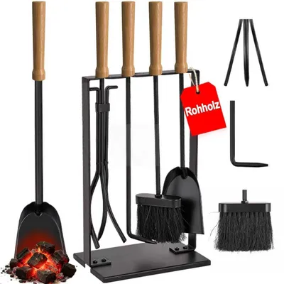 Produktbild von Kaminbesteck Set 5-teilig mit Ständer Schwarz Holzgriff Schmiedeeisen Feuerstelle Kaminofen