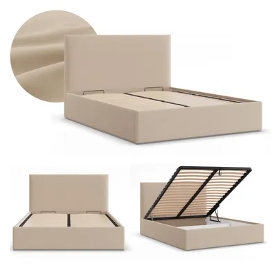 Produktbild von Polsterbett PAOLA 140x200 mit Bettkasten und hochklappbarem Metall-Lattenrost, Doppelbett mit Kopfteil Beige Geflecht