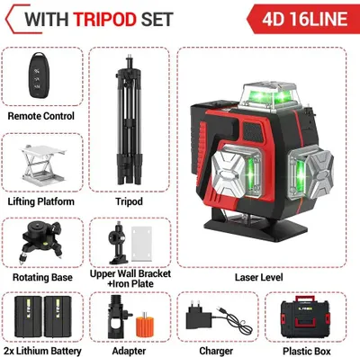 Produktbild von Kreuzlinienlaser - 4D 16 Linien Laser Wasserwaage - Selbstnivellierend 360° horizontal & vertikal - Grüner Strahl - Mit Stativ & Kunststoffkoffer