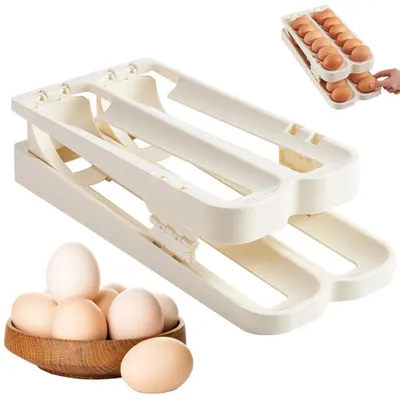 Productafbeelding van Eierhouder voor de koelkast – Eierorganizer met 2 niveaus – Eierrek met eierrolfunctie – Eierbehuizing van kunststof – Ruimtebesparende eieropslag