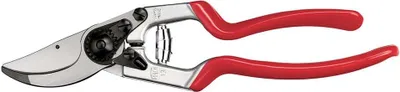 A pair of red-handled pruning shears is shown against a white background.