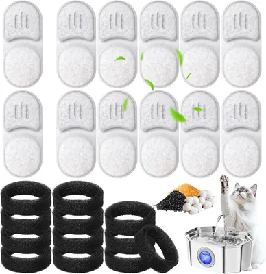 Produktbild von 12x Filter Katzenbrunnen kompatibel mit Apauk APFSS-3201 Katzenbrunnen 3,2L, inkl. 12 Cat Fountain Filter & 12 Schwämme, Kohlefilter Trinkbrunnen für Sauberes Frisches Trinkwasser für Katzen