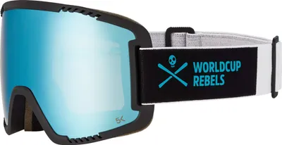 A pair of ski goggles with a blue lens and a black frame, shown from the side.