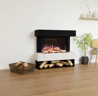 Produktbild von Glow Fire Elektrokamin 'PR5' | LED Standkamin in Schwarz/ Beton mit Heizung (1500 W) | HxBxT: 111x102x35 cm