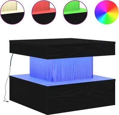 A black coffee table with blue LED lights.