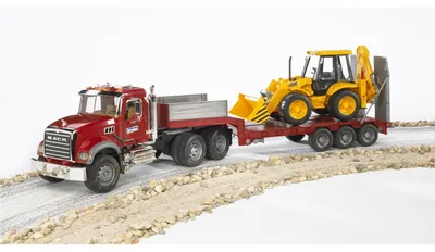 Image de bruder Camion surbaissé MACK Granite et tractopelle JCB 4CX, modèles réduits