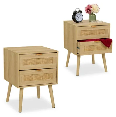 Image de Table de chevet avec 2 tiroirs en rotin imitation bois
