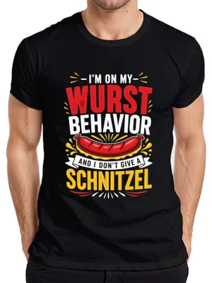 Immagine prodotto di Maglietta da uomo, nera, taglia M, con scritta "I'm On My Wurst Behavior" (Sono nel mio momento peggiore), motivo schnitzel (cotoletta), stile cibo tedesco, con elementi che richiamano i tradizionali abiti tedeschi (lederhose e dirndl)
