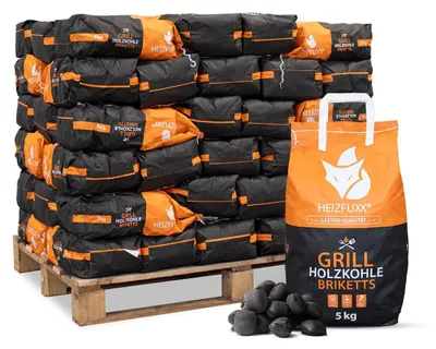 Produktbild von Heizfuxx Grillholzkohlebriketts 5kg x 60 Sack 300kg 60er Palette