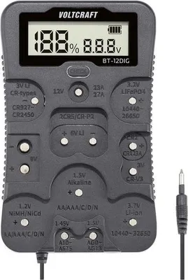 Immagine prodotto di Tester per batterie VOLTCRAFT BT-12DIG Campo di misura (tester per batterie) 1,2 V, 1,5 V, 3 V, 3,7 V, 6 V, 9 V, 12 V Batteria, batteria ricaricabile